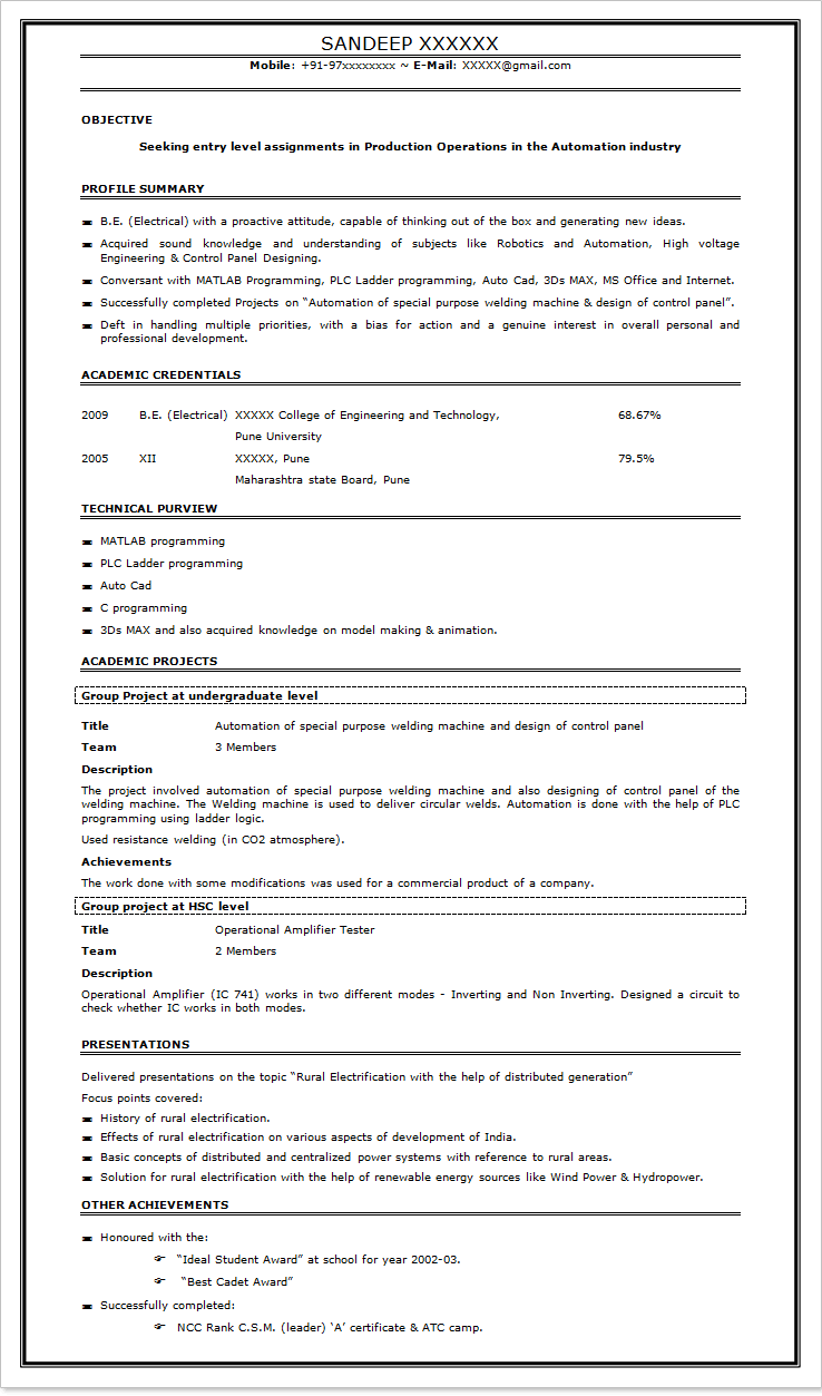 fresher resume format for engineers